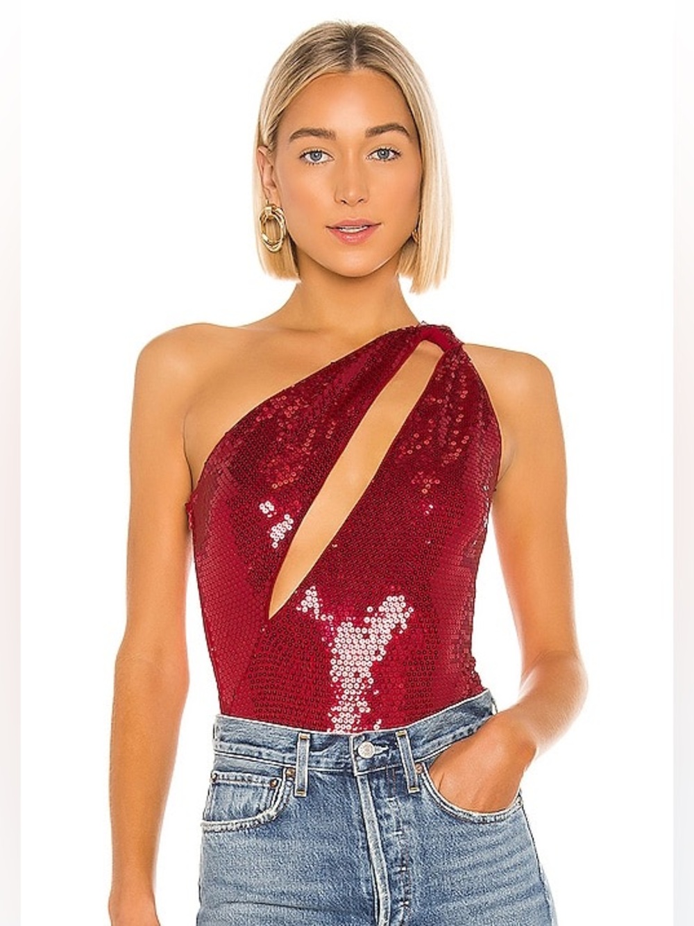 Lovers+Friends/Revolve- One-Shoulder Sequin Cutout Bodysuit - Red/Burgandy - NWT